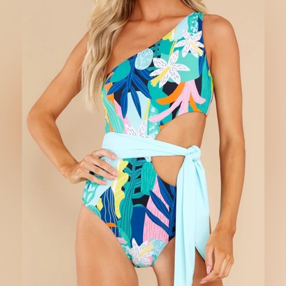 Palms Away Blue and Green Artistic One Piece Swimwear